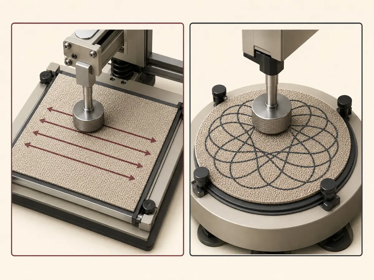 Wyzenbeek straight back-and-forth motion beside Martindale multidirectional looping abrasion motion
