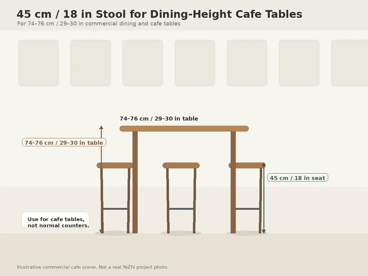45cm vs 65cm vs 75cm Stool: Which Height Fits Your Table or Bar? 45 cm stool example for dining-height cafe table around 74 to 76 cm high