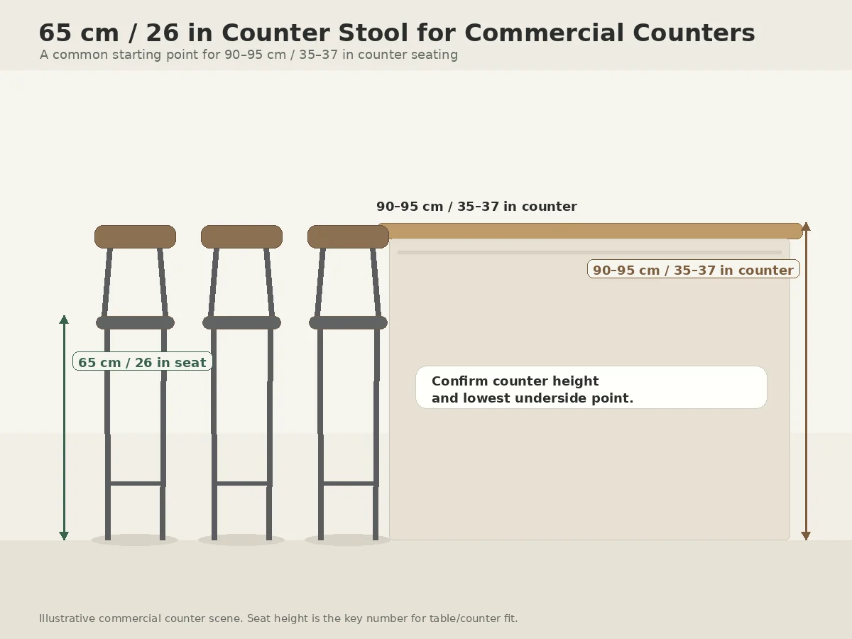 45cm vs 65cm vs 75cm Stool: Which Height Fits Your Table or Bar? Counter-height stool example showing 65 cm seat height for a 90 to 95 cm counter