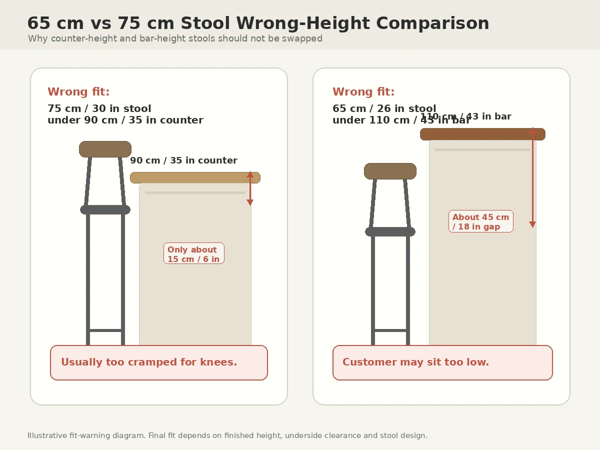 45cm vs 65cm vs 75cm Stool: Which Height Fits Your Table or Bar? Diagram showing why 65 cm and 75 cm stools should not be swapped between counters and bars