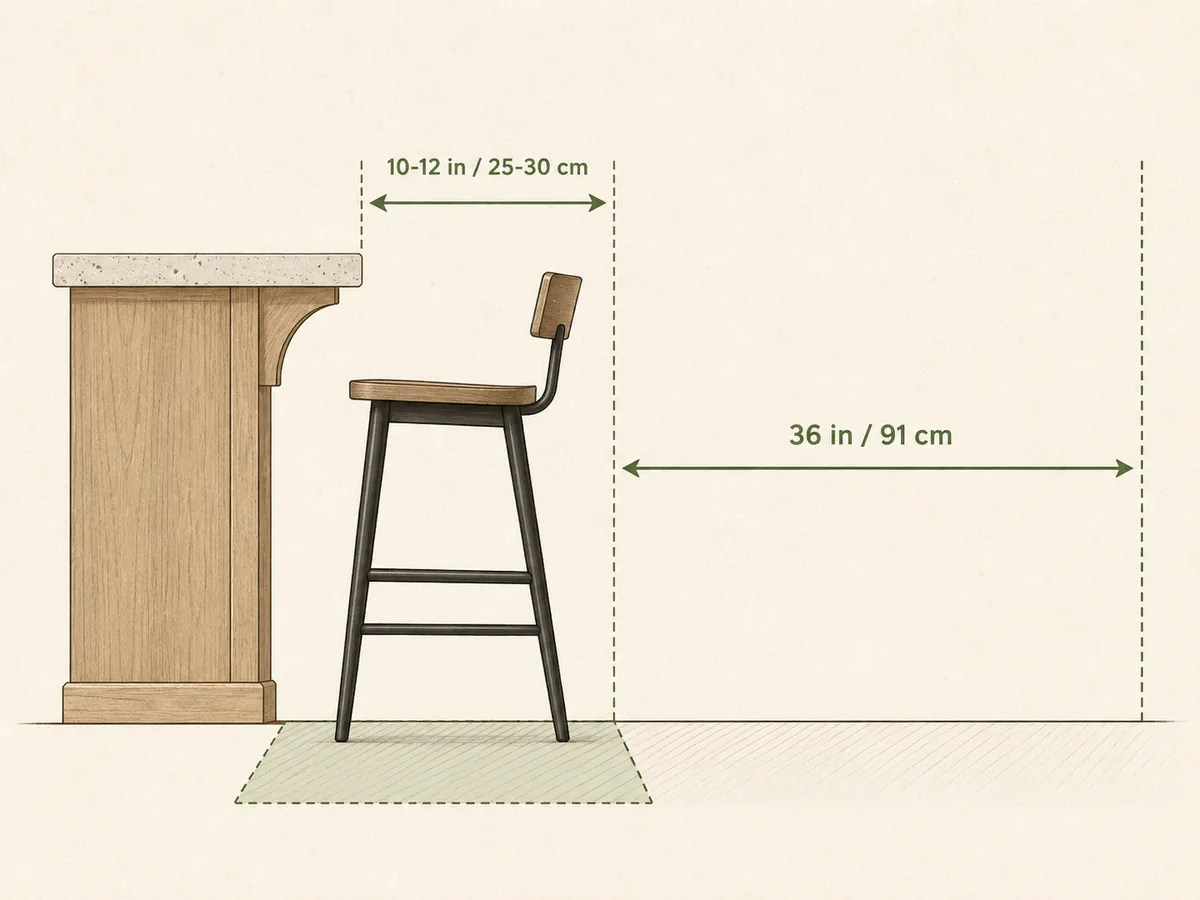 bar stool aisle clearance and counter spacing diagram