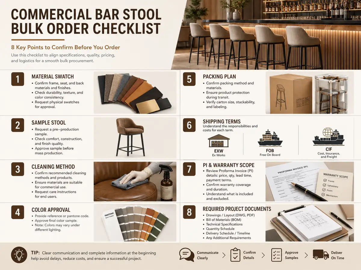 Bar stool bulk order checklist with material swatch, sample stool, packing, shipping, and PI confirmation