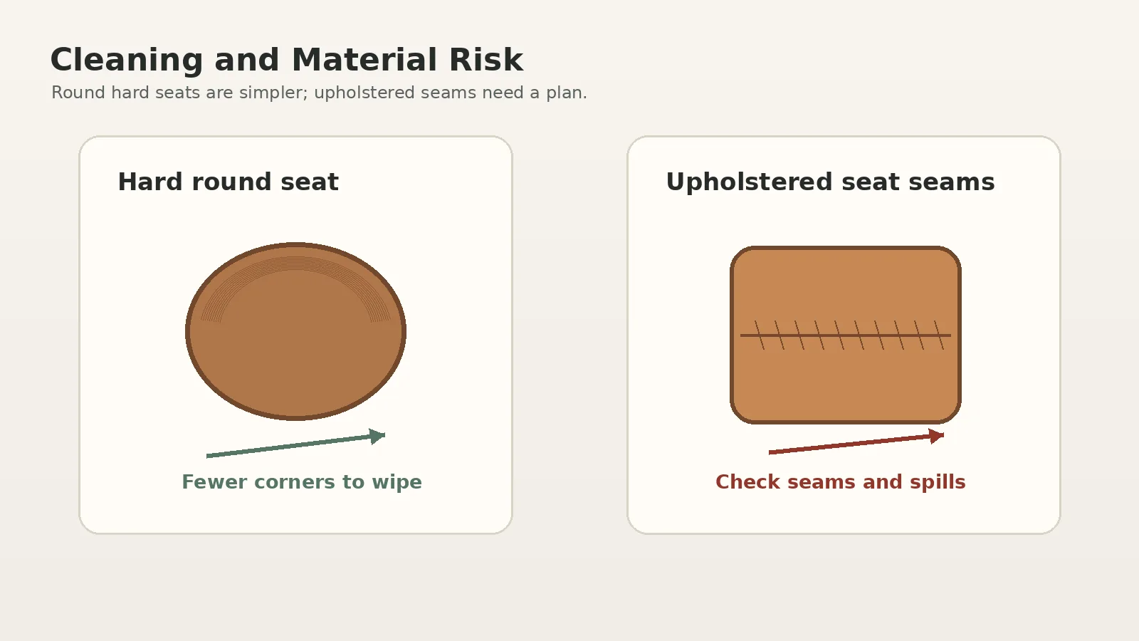 Round vs Square Bar Stool Seats: Comfort, Space, and Best Uses Bar stool seat material comparison showing hard seat and upholstered seam cleaning points