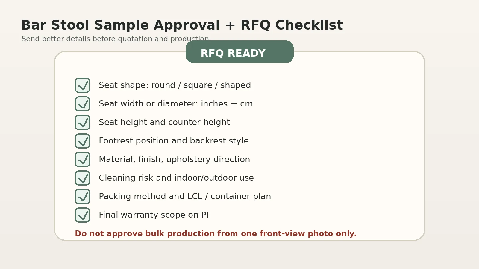 Round vs Square Bar Stool Seats: Comfort, Space, and Best Uses Bar stool sample approval checklist with seat shape, height, material, packing, and shipping checks
