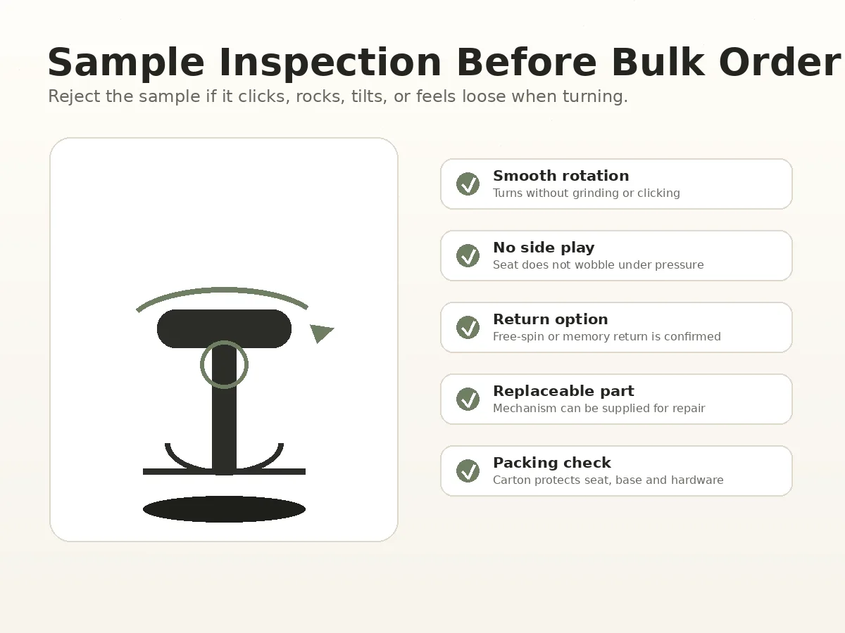 Buyer inspecting a bar stool sample for wobble and rotation quality