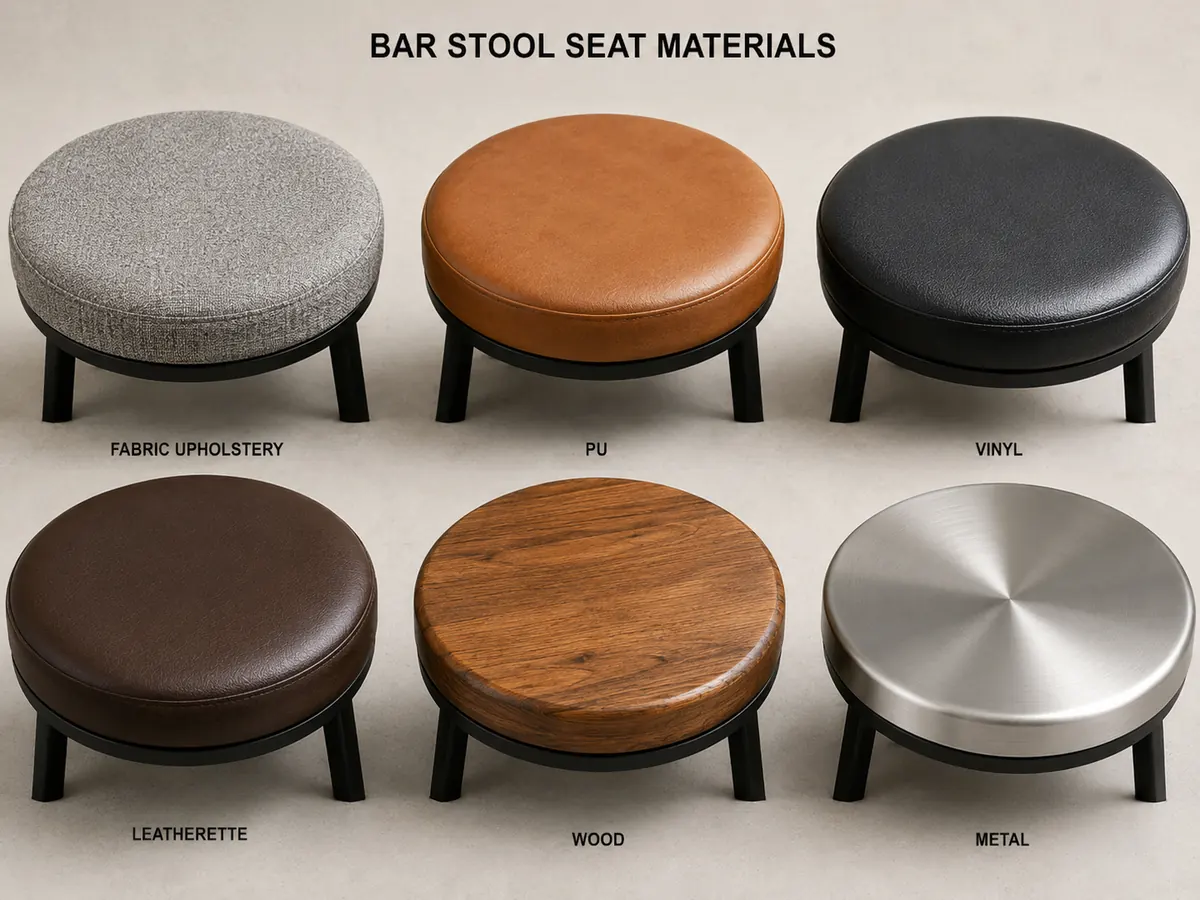 Fabric, PU, vinyl, leatherette, wood, and metal bar stool seat material comparison
