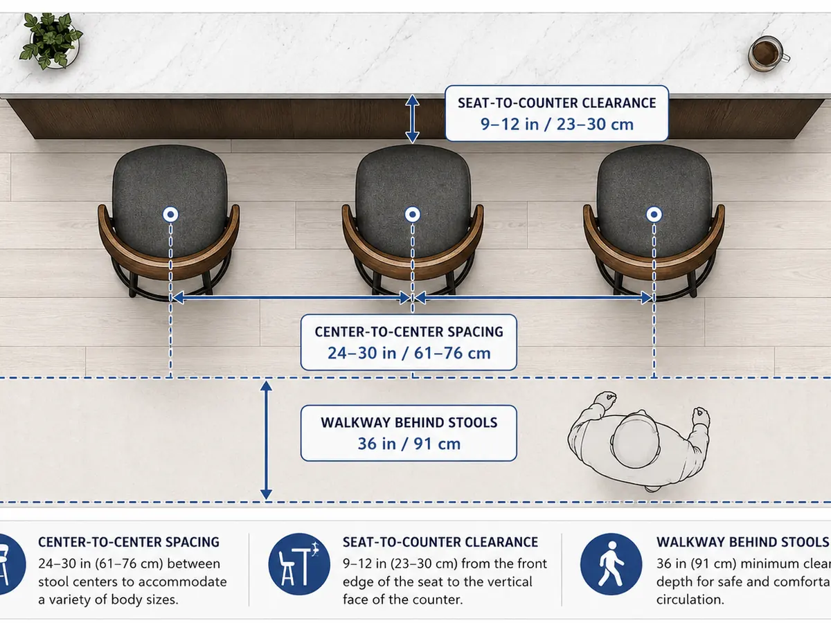 Bar stool spacing diagram showing seat width, counter clearance, and walkway space in inches and cm