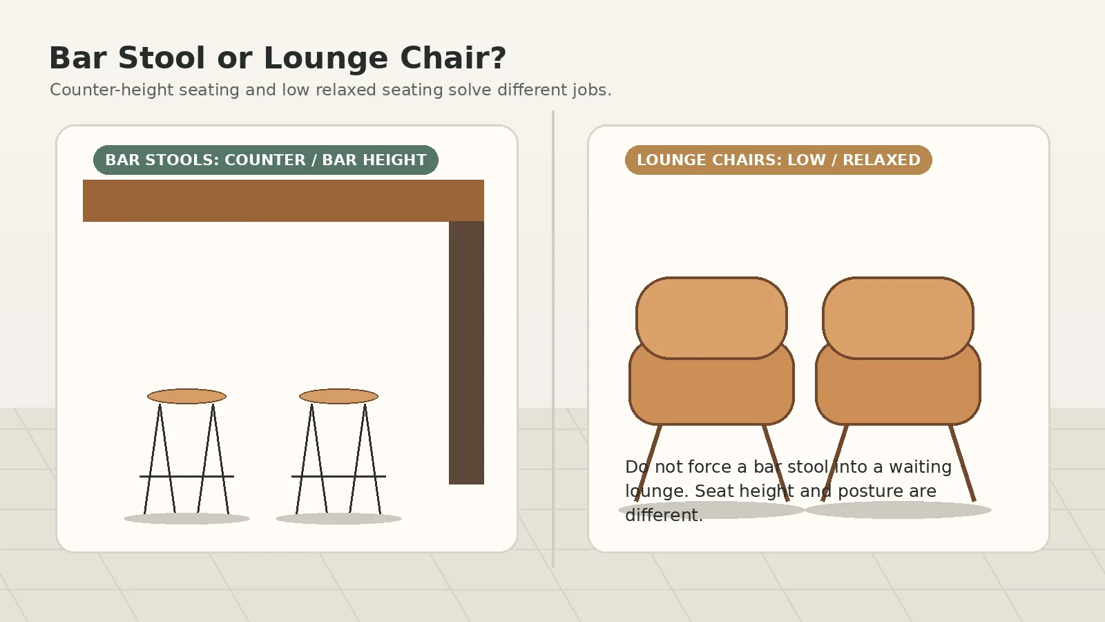 Round vs Square Bar Stool Seats: Comfort, Space, and Best Uses Commercial seating comparison showing bar stools for counters and lounge chairs for relaxed seating