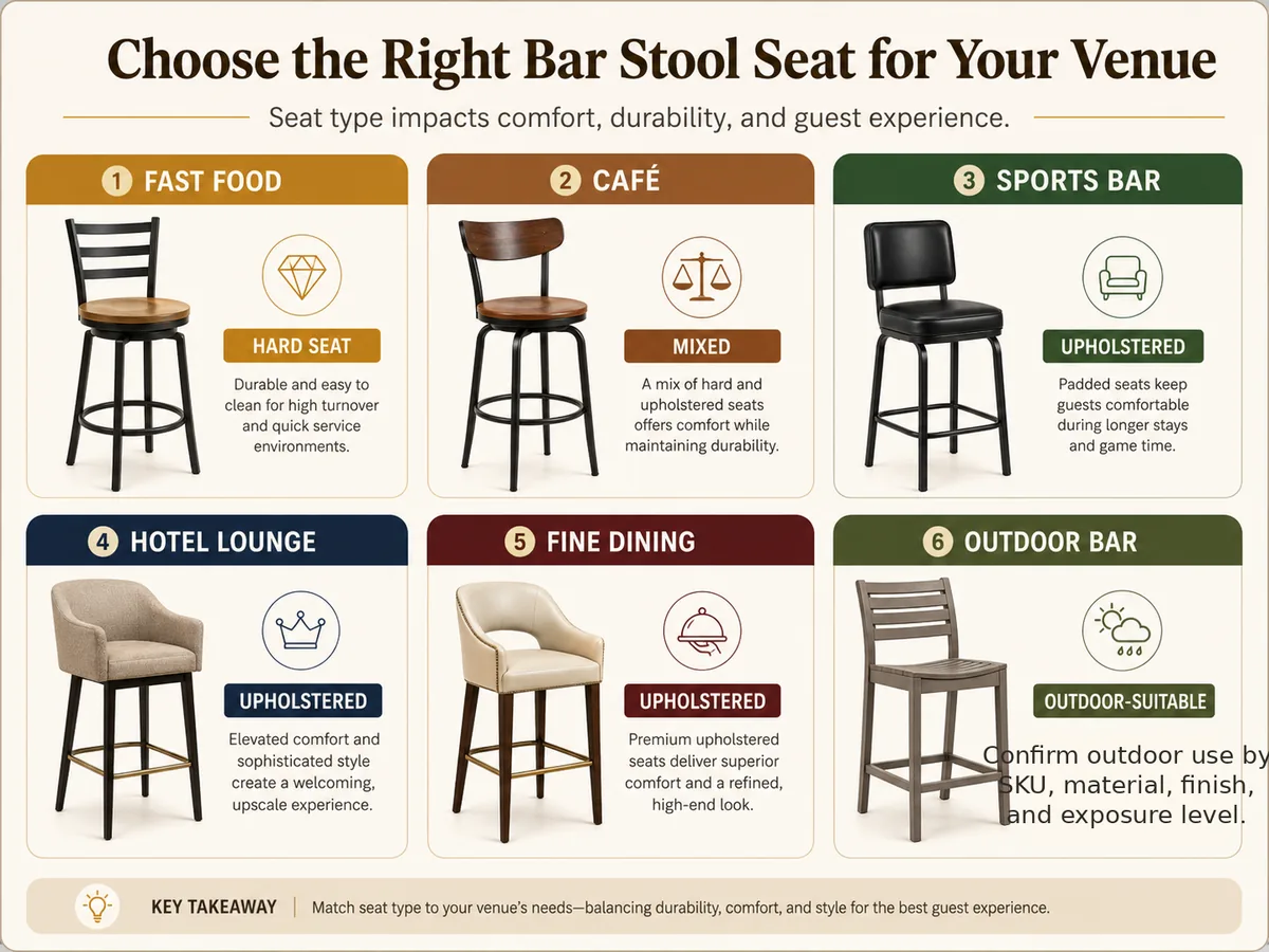 Bar stool seat type recommendations for fast food, café, pub, hotel lounge, fine dining, and outdoor bar