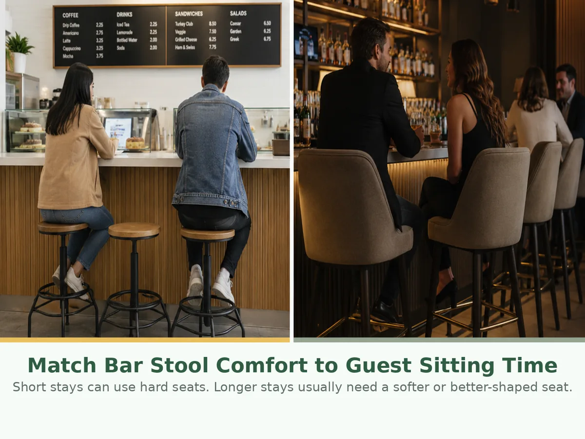 Commercial bar stool comfort comparison for short and long guest sitting time