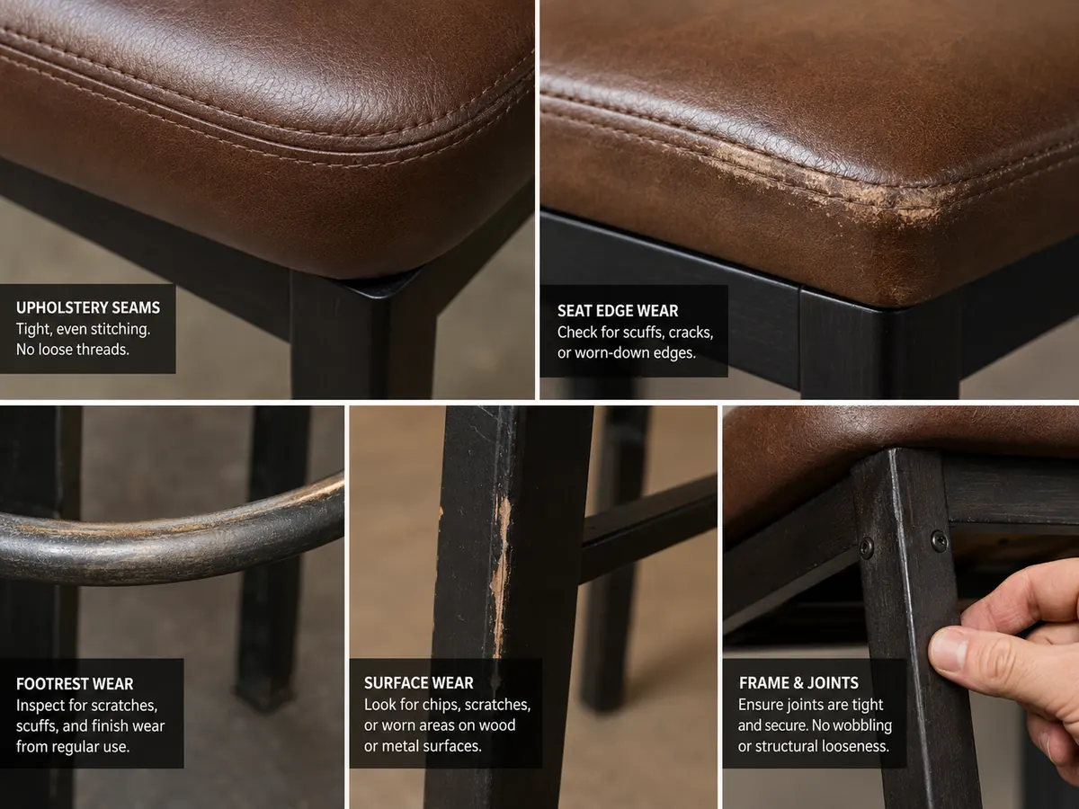 Close-up of upholstery seams, hard seat surface, footrest, and frame details on commercial bar stools