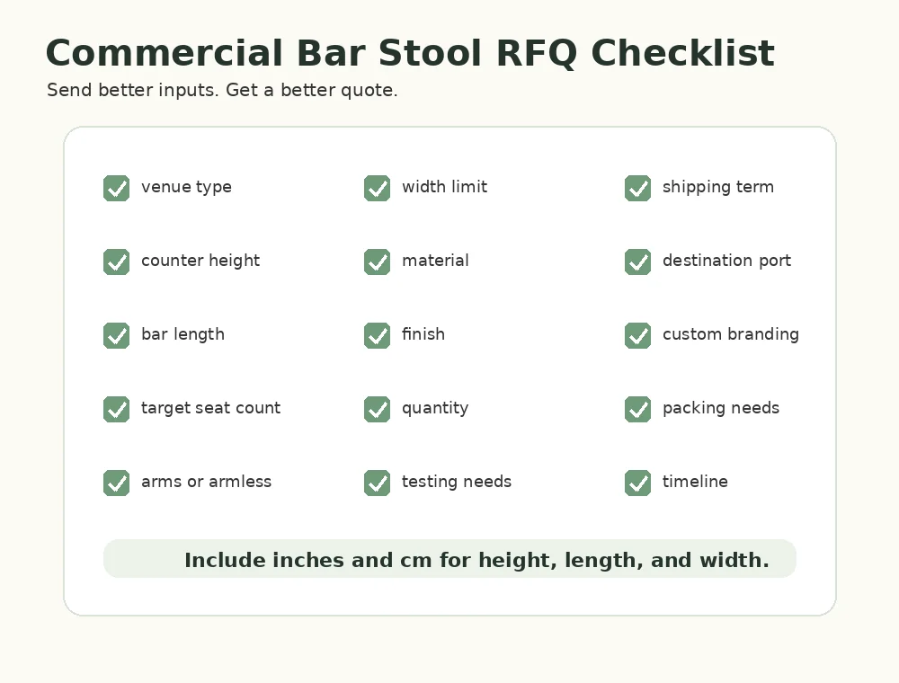 RFQ checklist for commercial bar stool projects including height=
