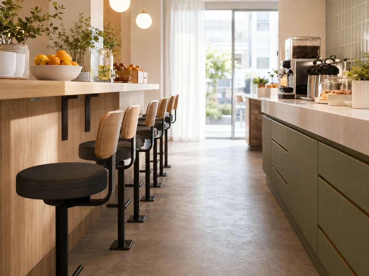 Fixed bar stools arranged along a narrow commercial counter