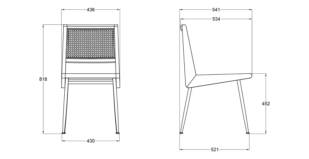 CR215 dining chair dimensions showing 43.6 cm width, 54.1 cm depth, 81.8 cm height and 45.2 cm seat height