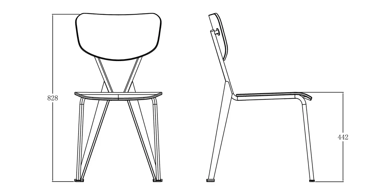 Plano de dimensiones de la silla de comedor DC-H54-CM, en el que se indican una altura total de 828 milímetros y una altura del asiento de 442 milímetros