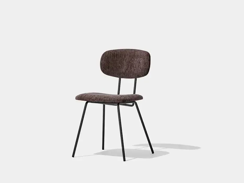 FD312 Brown Upholstered Dining Chair Three-quarter view of the FD312 brown upholstered dining chair and four-leg metal frame