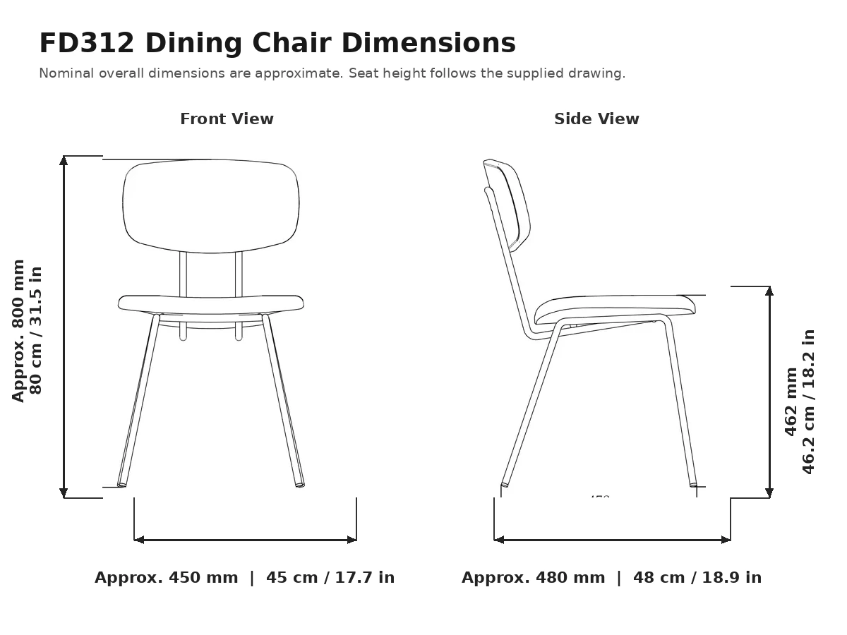 FD312 dining chair dimensions: approximately 45 cm wide, 48 cm deep and 80 cm high with a 46.2 cm seat height