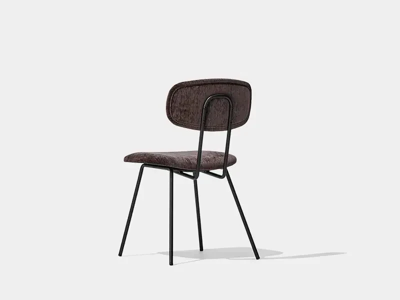 FD312 Brown Upholstered Dining Chair Rear three-quarter view of the FD312 chair showing twin back supports and the U-shaped metal frame section