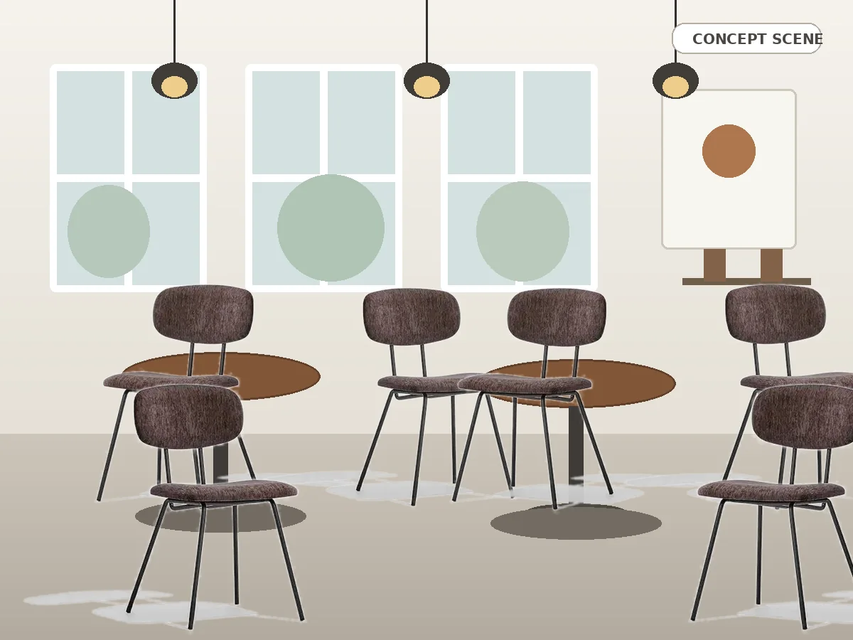 Concept scene of compact brown upholstered dining chairs arranged around small tables in a modern cafe