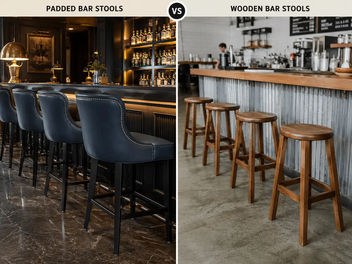 Padded bar stool and wooden bar stool comparison for commercial restaurant and bar use
