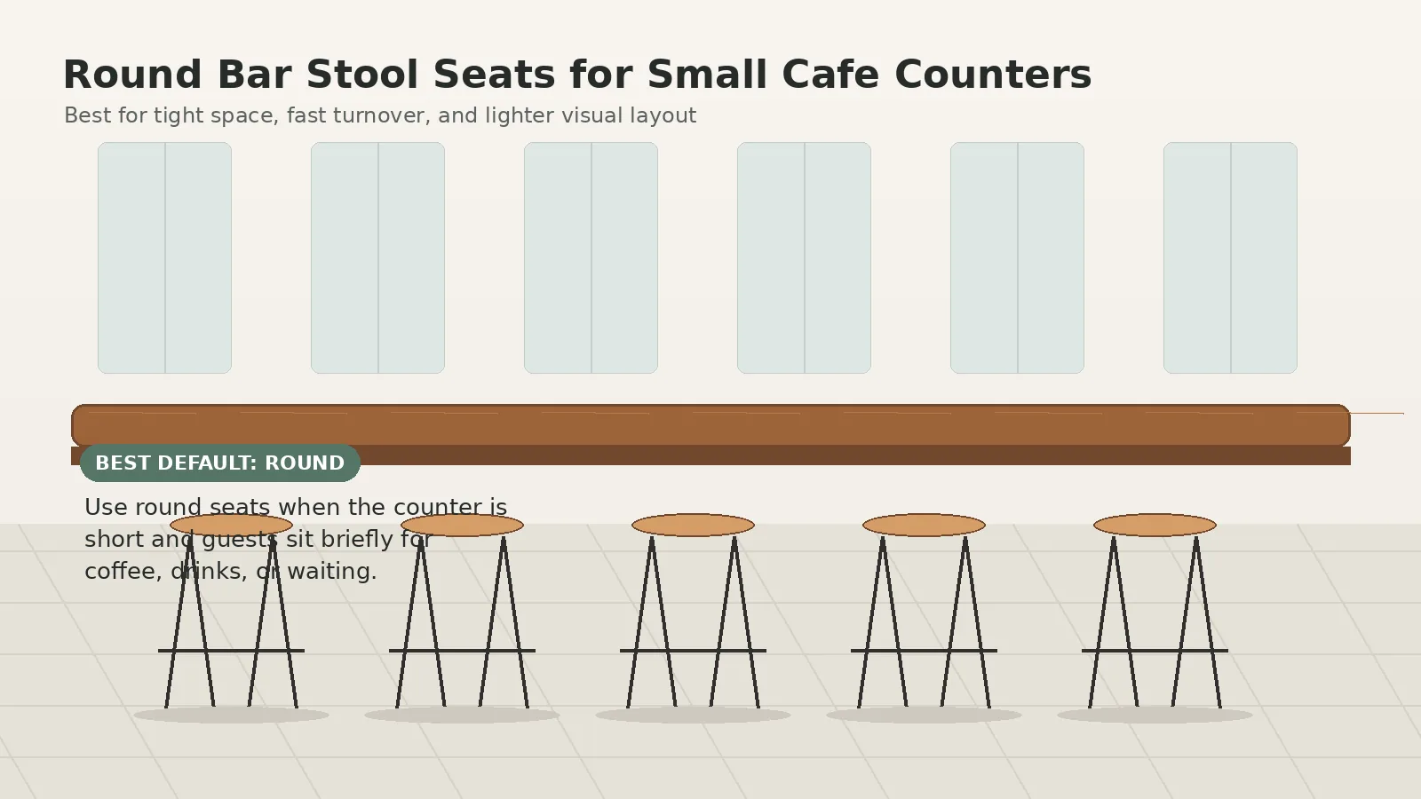 Round vs Square Bar Stool Seats: Comfort, Space, and Best Uses Round bar stool seats used at a compact cafe counter for fast turnover seating