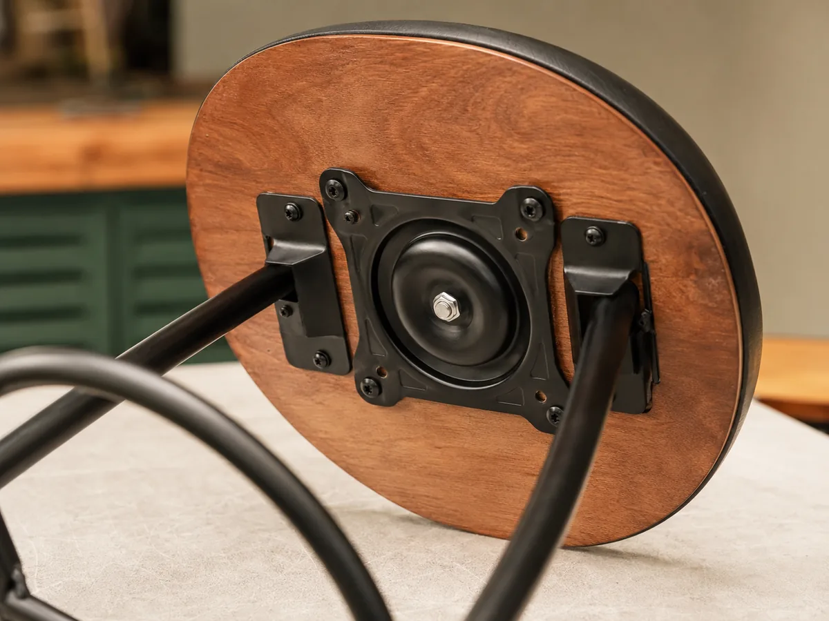 Close-up view of a bar stool swivel mechanism under the seat
