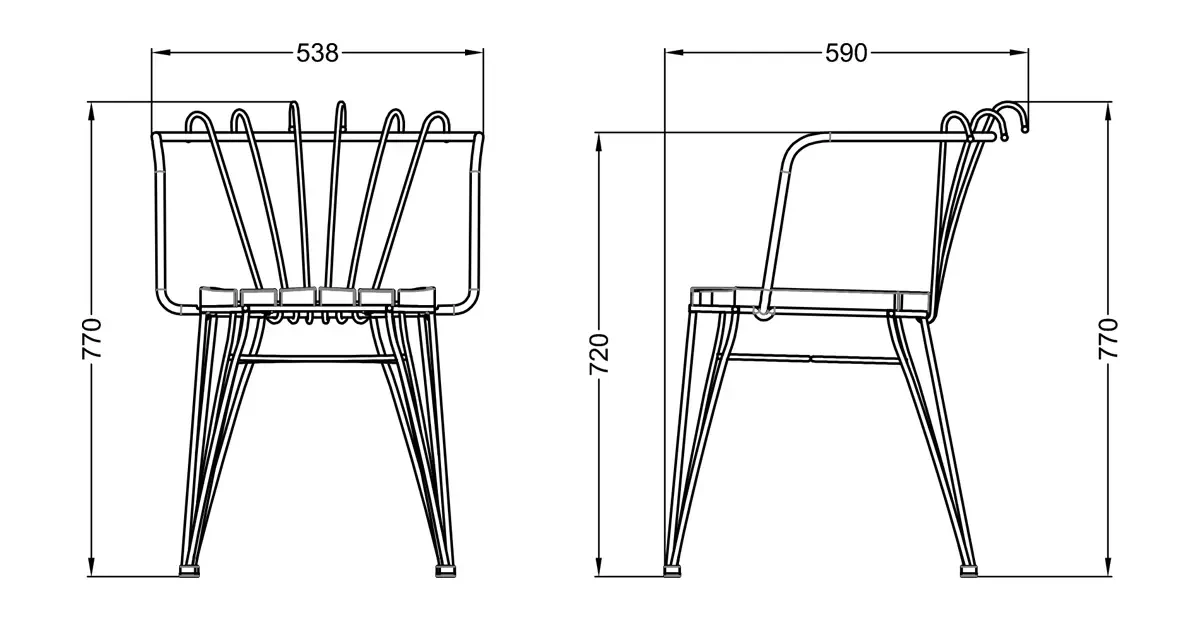 TF524 dining chair drawing showing 53.8 cm width, 59 cm depth, 77 cm overall height and 72 cm arm height
