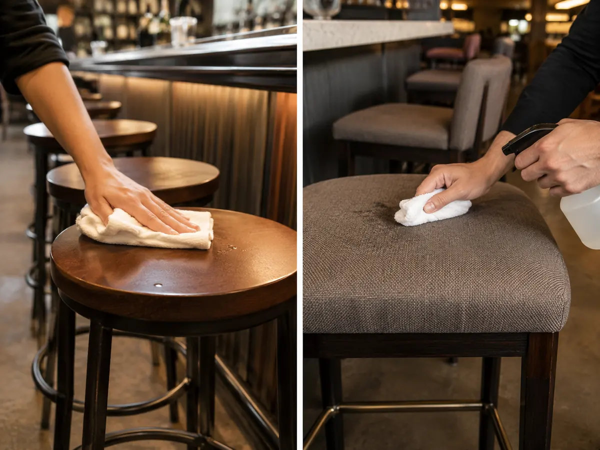 Cleaning comparison between upholstered bar stools and hard seat bar stools in restaurants