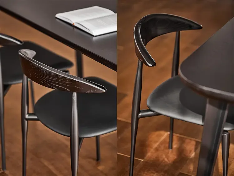 WB316 Black Wood Back Dining Chair WB316 black dining chair details in an indoor dining setting