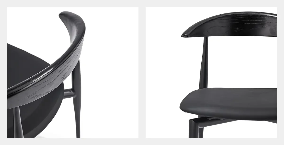WB316 Black Wood Back Dining Chair Close-up views of the curved black wood backrest and upholstered seat