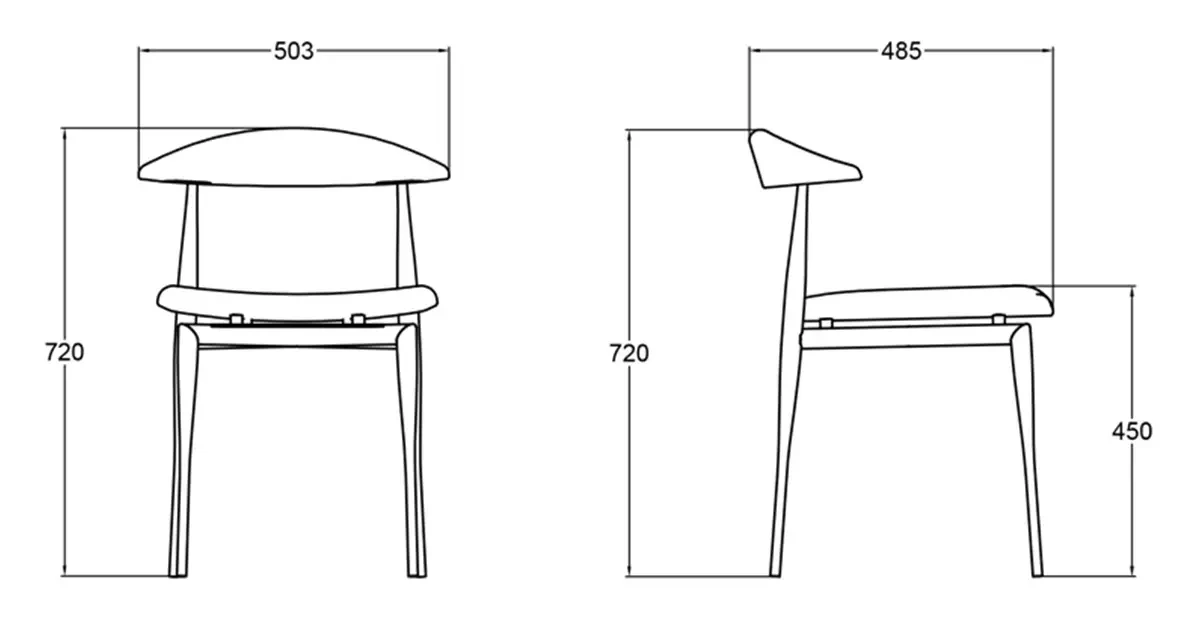 WB316 Black Wood Back Dining Chair WB316 dining chair dimension drawing showing width depth overall height and seat height