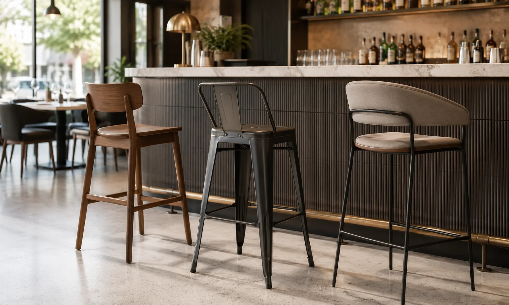 レストラン、カフェ、バー、ホテルでの使用に適した、木製、金属製、および複合素材のバースツールの比較