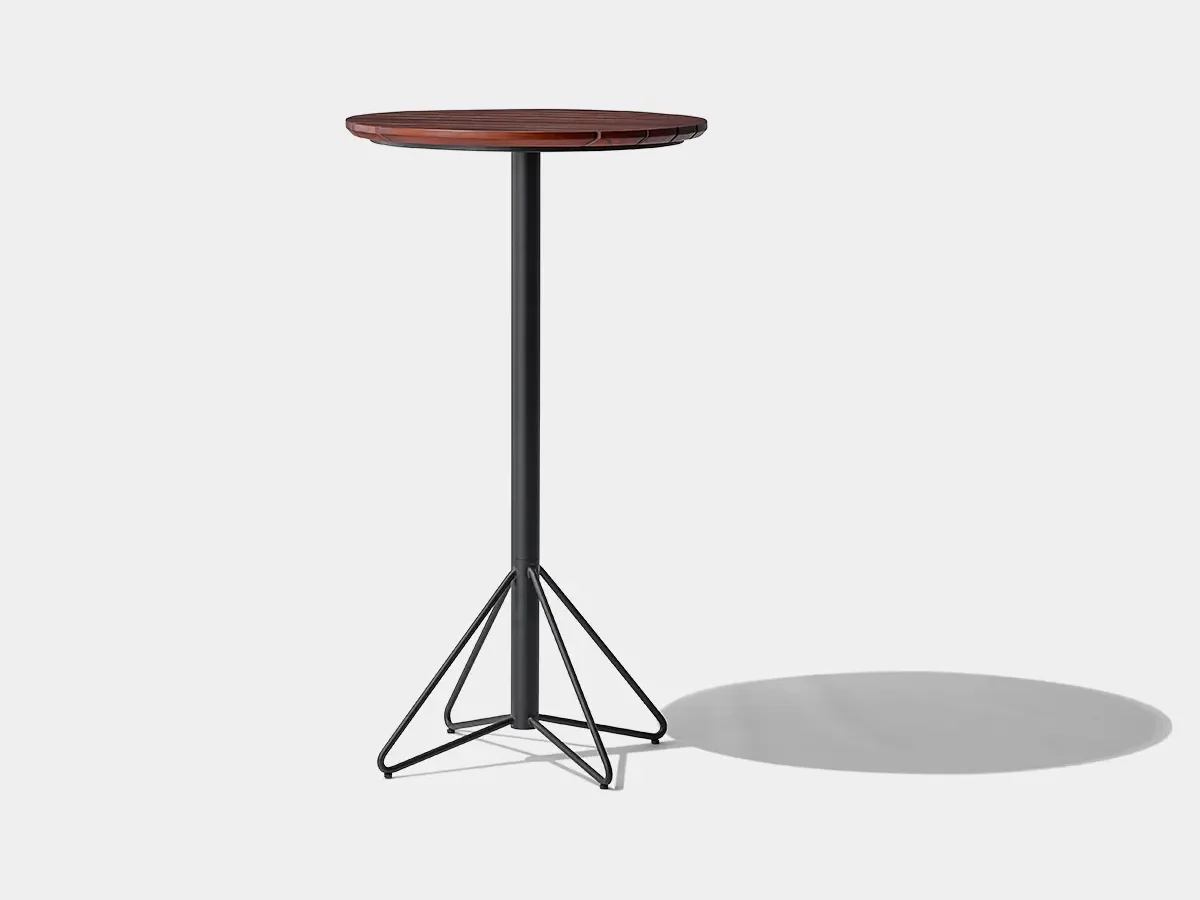 Alternate view of the YZ-OBT01 wooden outdoor bar table with its central metal pedestal