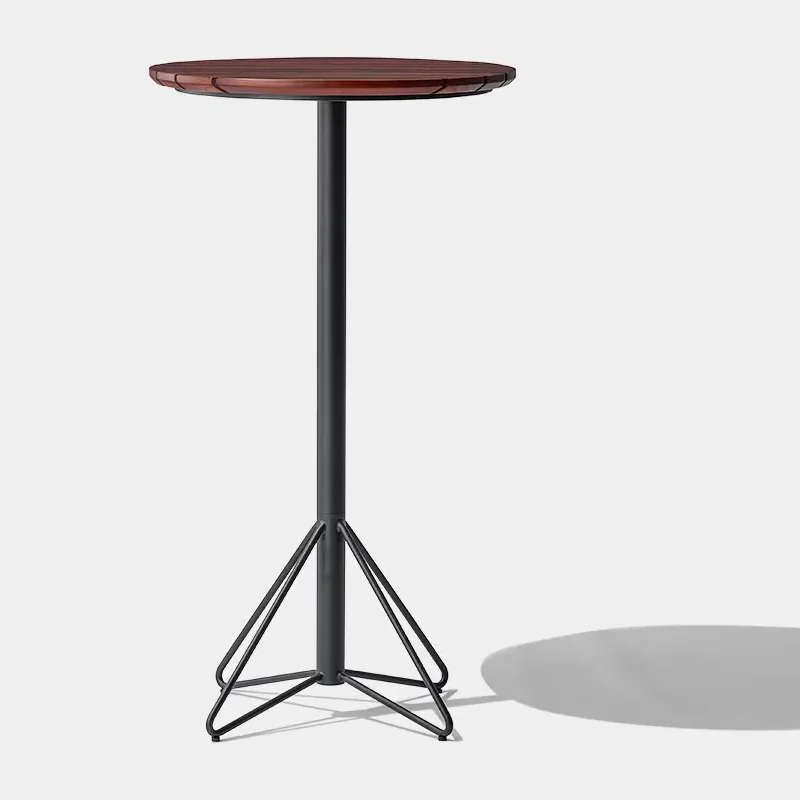 YZ-OBT01 round outdoor bar table with a wooden slatted top and black metal pedestal base