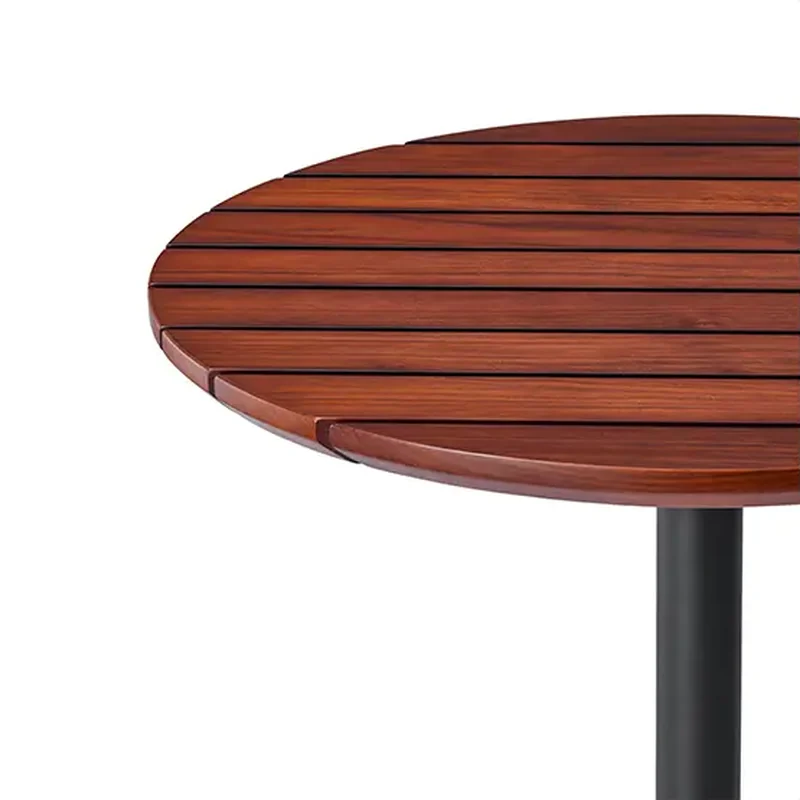 Close view of the wooden tabletop and central metal pedestal on the YZ-OBT01 bar table