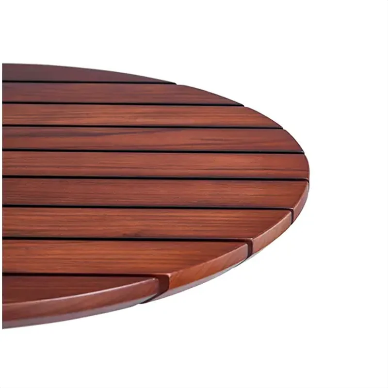 Close view of the rounded wooden slatted tabletop edge on the YZ-OBT01 bar table