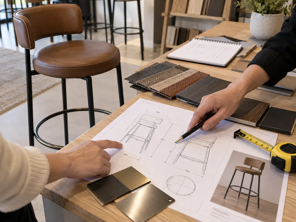 Altura estándar de los taburetes: asientos para mostrador, barra y uso comercial Revisión de especificaciones de mobiliario profesional con plano de un taburete de bar, muestras de acabados y cinta métrica