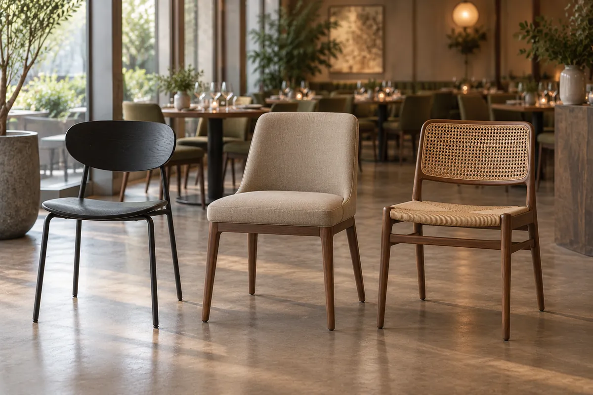 Beste spisestoler til kommersielle prosjekter: En praktisk guide til valg Tre stilretninger for spisestoler i en kommersiell restaurant: svart moderne, polstret samtidsdesign og rotting i mid-century-stil