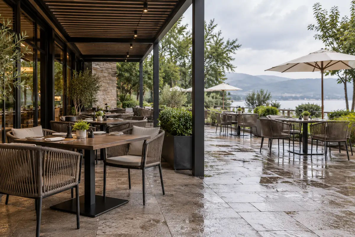 El mejor mobiliario de exterior para proyectos de restauración comercial Zonas cubiertas y al aire libre de una terraza de restaurante tras la lluvia, con mobiliario comercial de exterior para comedor