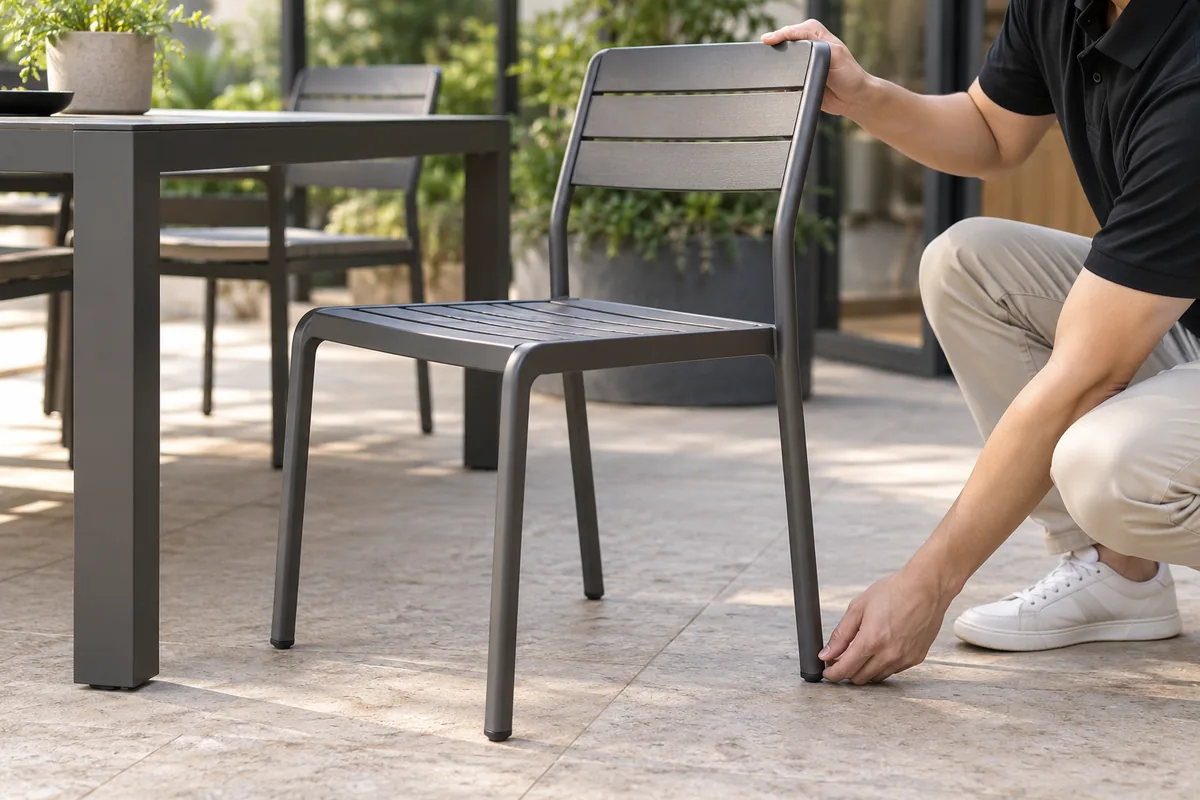 El mejor mobiliario de exterior para proyectos de restauración comercial Muestra genérica de una silla de comedor de exterior durante la comprobación de la unión del respaldo y el contacto con el suelo