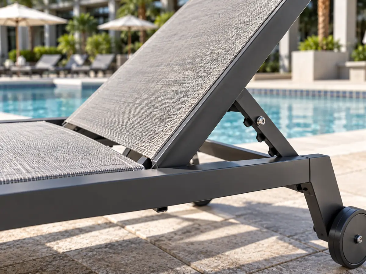Bästa solsängarna för hotell, resorter och kommersiella poolområden Solsäng för poolområde med synlig stomme, väv, hjul och justeringsbeslag