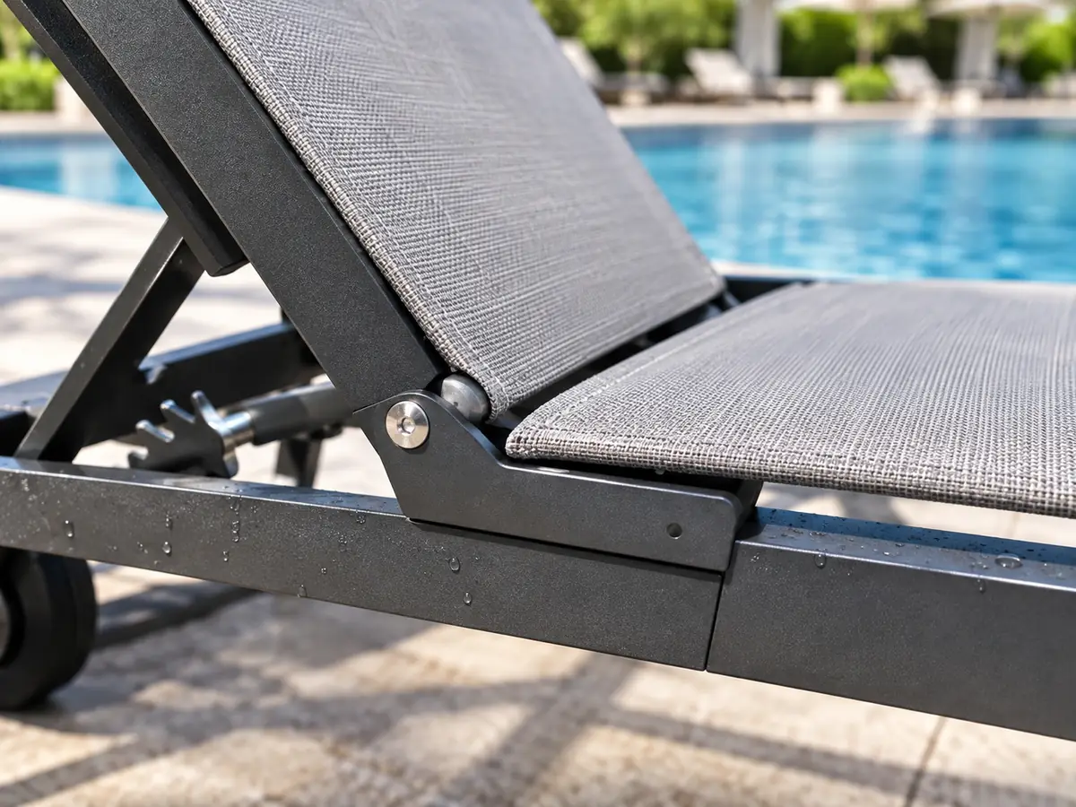 Bästa solsängarna för hotell, resorter och kommersiella poolområden Fällmekanism, stödstruktur och hjuldetalj på en kommersiell poolsolsäng