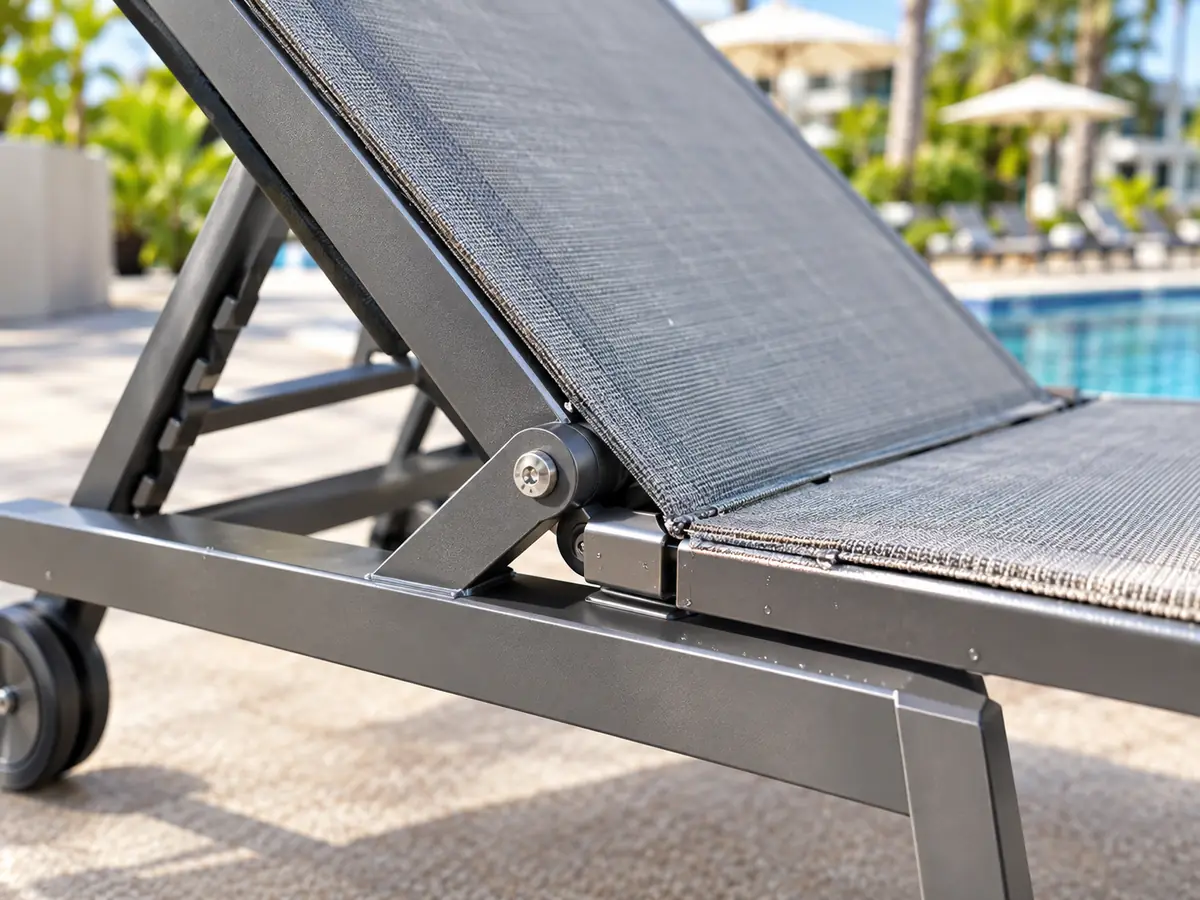 Bästa solsängarna för hotell, resorter och kommersiella poolområden Servicevänlig konstruktion för poolsolsäng med synliga, utbytbara beslag och väv
