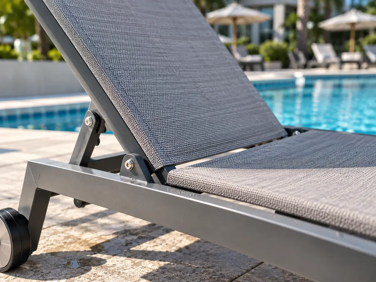 Bästa solsängarna för hotell, resorter och kommersiella poolområden Detaljbild av poolsolstolens ram- och vävkonstruktion för projektgranskning