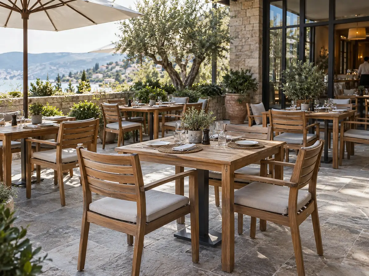 Meilleur bois pour le mobilier d’extérieur : guide de sélection professionnel Mobilier professionnel d’extérieur en bois sur une terrasse de restaurant