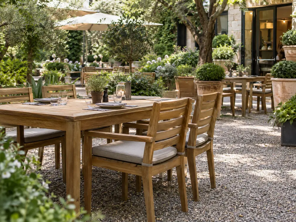 Meilleur bois pour le mobilier d’extérieur : guide de sélection professionnel Mobilier de repas d’extérieur en bois dans une cour paysagée