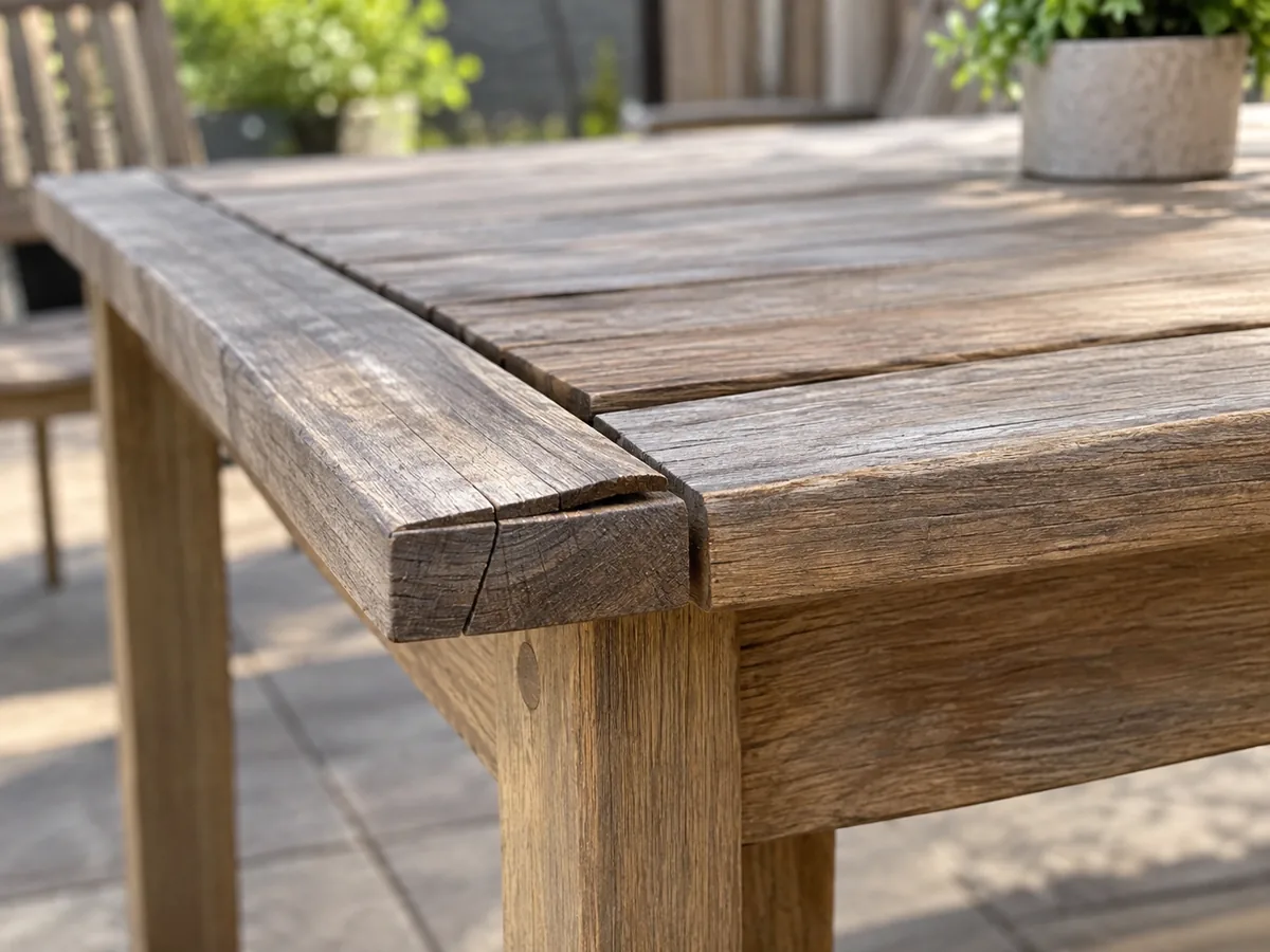 Meilleur bois pour le mobilier d’extérieur : guide de sélection professionnel Premiers signes de vieillissement et gerces en bout sur une table d’extérieur en bois
