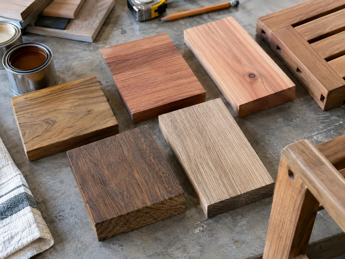 Meilleur bois pour le mobilier d’extérieur : guide de sélection professionnel Échantillons de bois pour mobilier d’extérieur sur une table d’examen