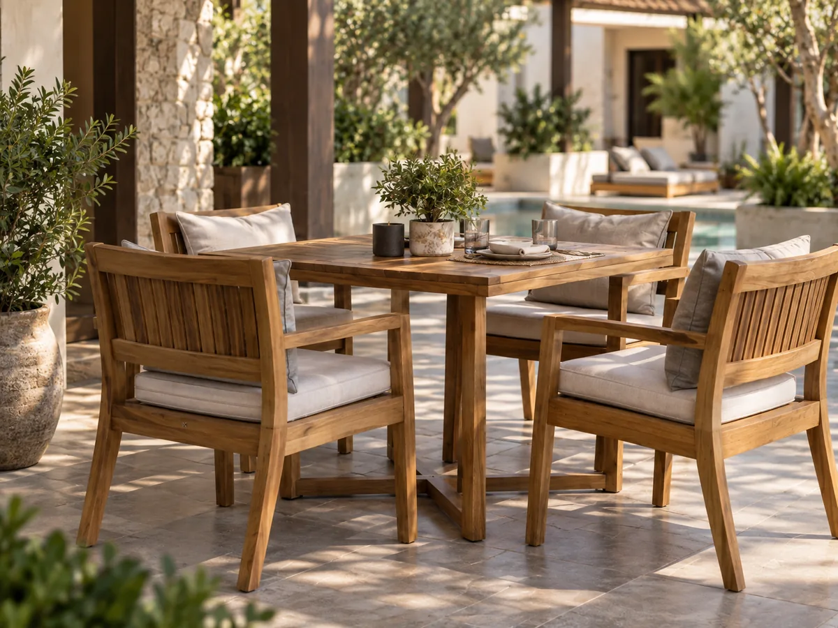 Meilleur bois pour le mobilier d’extérieur : guide de sélection professionnel Ensemble repas d’extérieur haut de gamme style teck dans la cour d’un hôtel