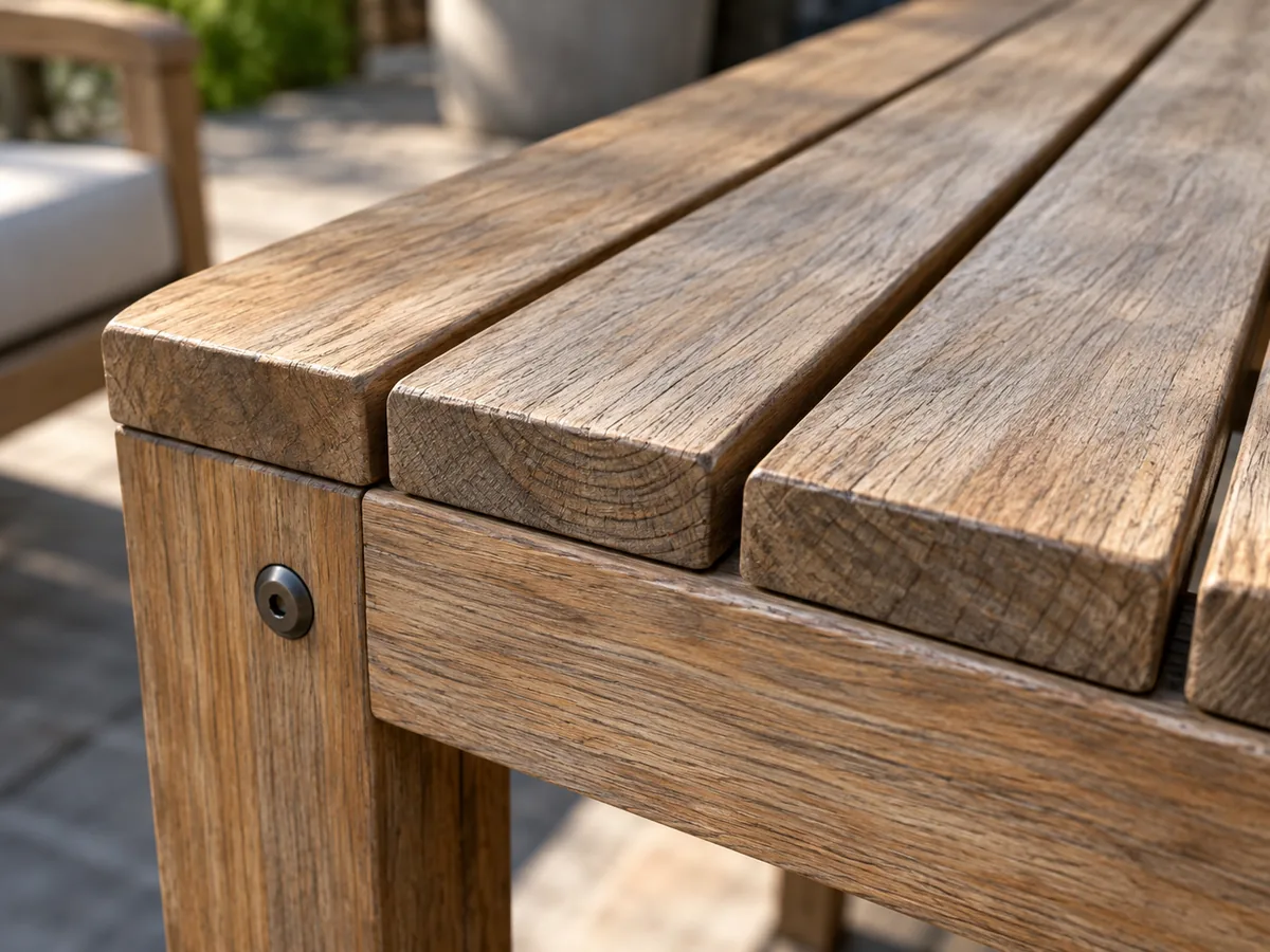 Meilleur bois pour le mobilier d’extérieur : guide de sélection professionnel Détail de l’espacement des lames, du bois de bout et des assemblages d’un mobilier d’extérieur en bois